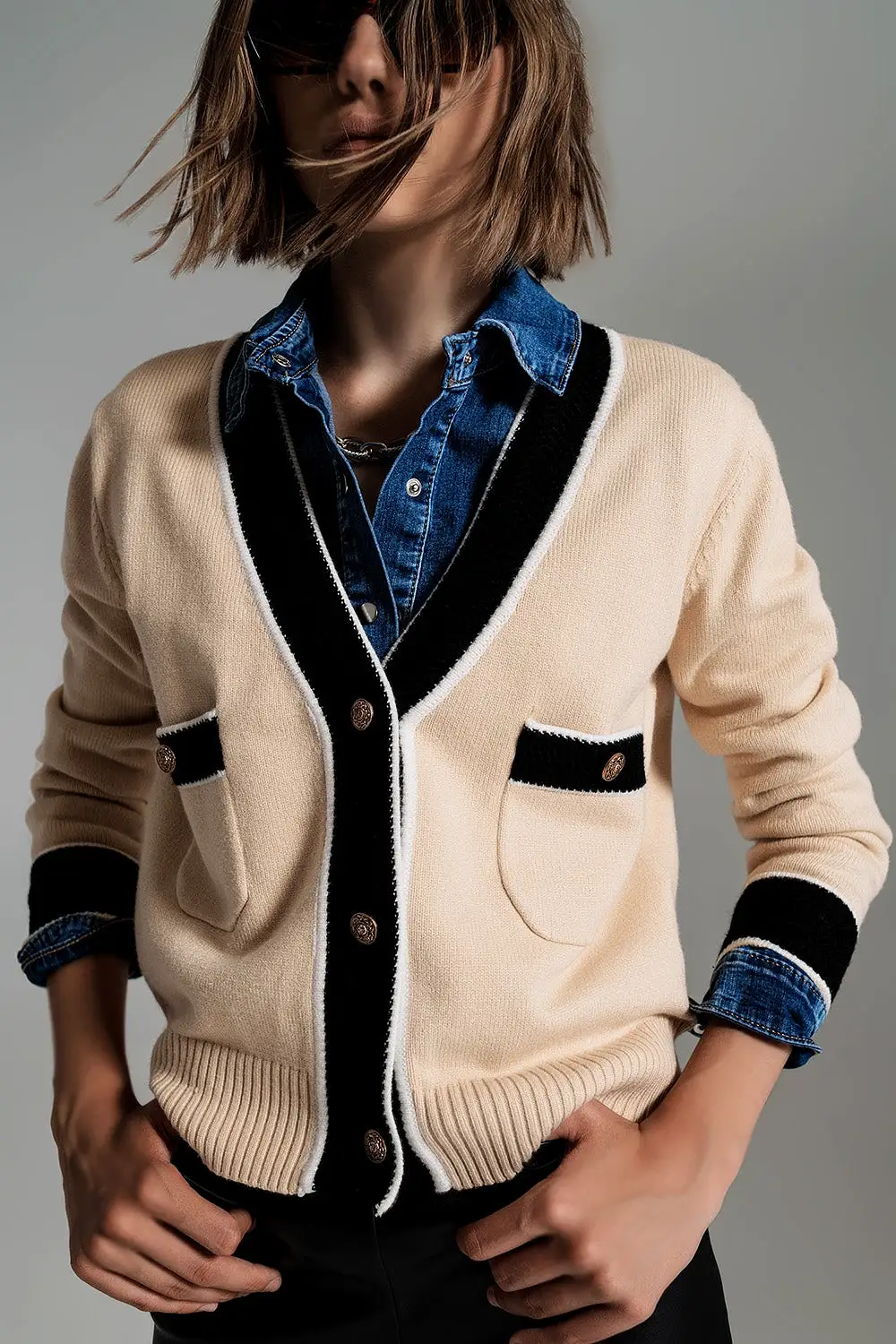 Beige Cardigan with Pockets and Channel Style