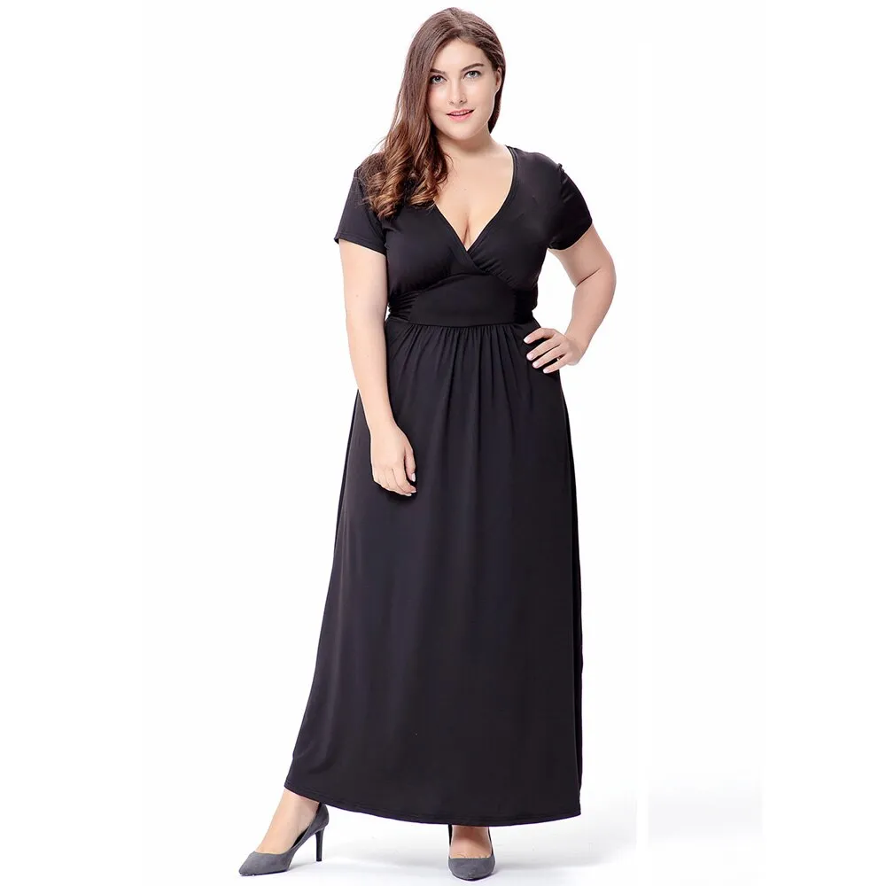 Black 5XL Plus Size Women Short Sleeve Deep V Neck High Waist Long Maxi Summer Party Casual Dresses