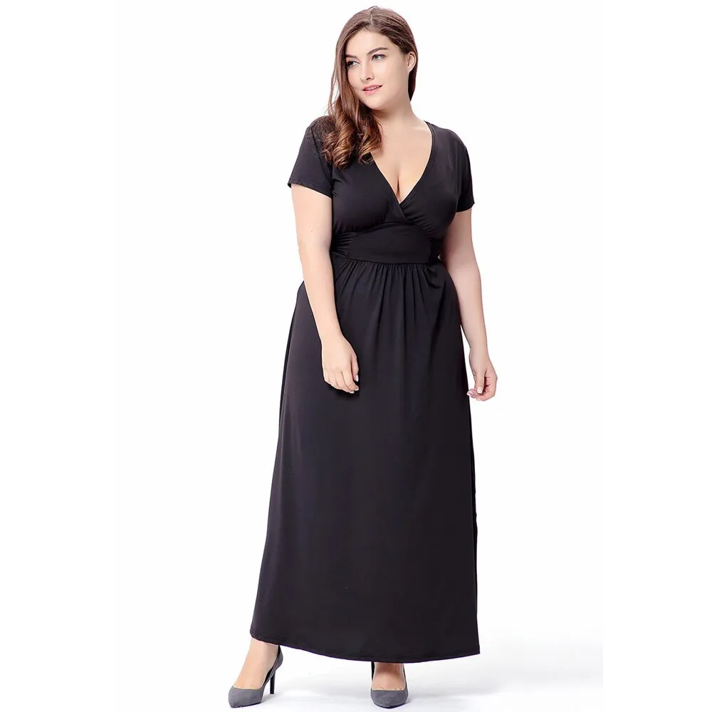 Black 5XL Plus Size Women Short Sleeve Deep V Neck High Waist Long Maxi Summer Party Casual Dresses