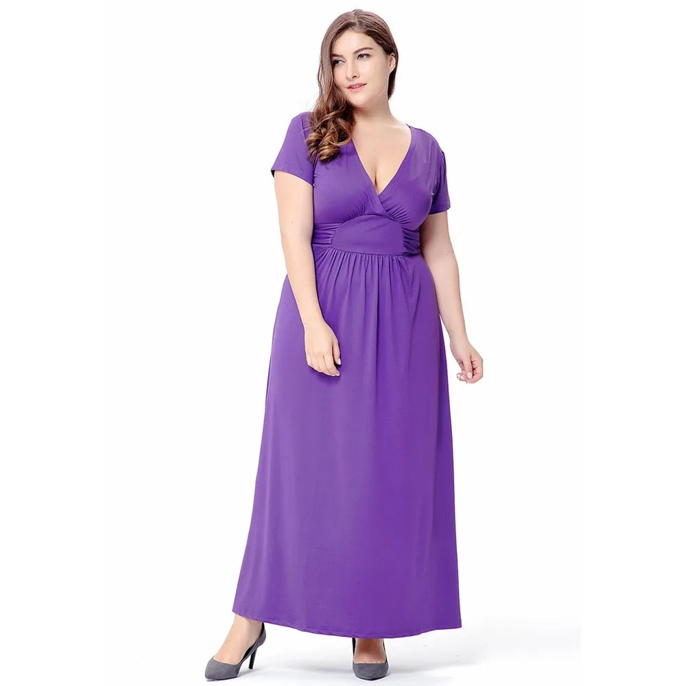 Black 5XL Plus Size Women Short Sleeve Deep V Neck High Waist Long Maxi Summer Party Casual Dresses