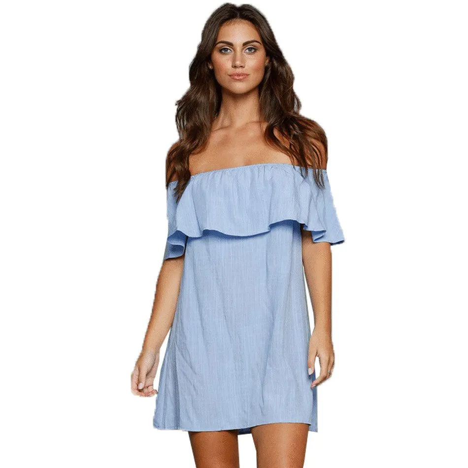 Blue Casual Dresses   Cotton Ruffle Sleeve Loose Waist Ladies Short Dress Slash Neck Elegant Beach Mini Dress SM6