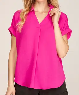 Collared Woven Top - Hot Pink