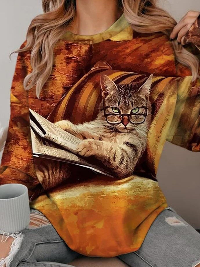 Cozy Cat Print Velvet Sweatshirt for Women