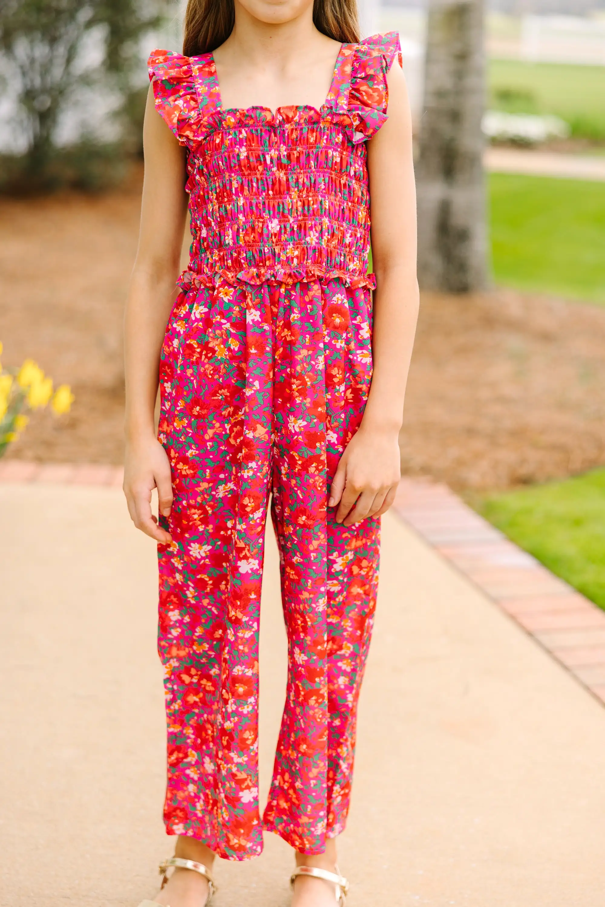 Girls: All For You Pink Ditsy Floral Smocked Jumpsuit