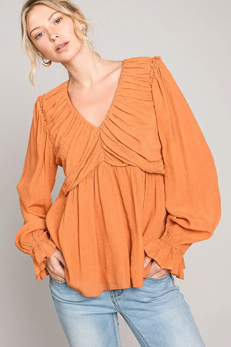 Heyson Pumpkin Spice V Neck Flare Crinkled Blouse