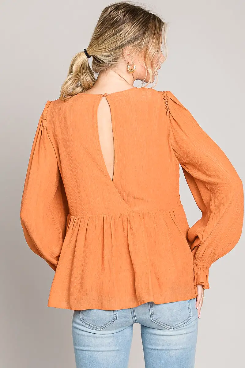 Heyson Pumpkin Spice V Neck Flare Crinkled Blouse