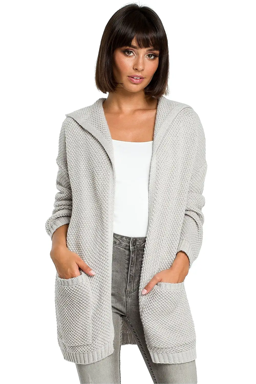 Hooded Cardigan with Pockets in Light Grey