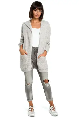 Hooded Cardigan with Pockets in Light Grey