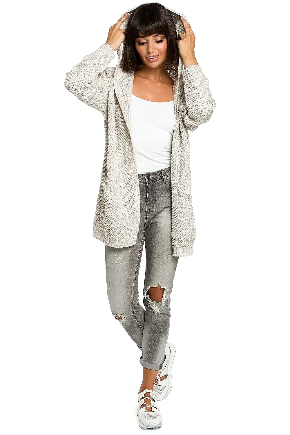 Hooded Cardigan with Pockets in Light Grey