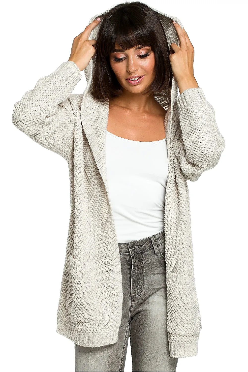 Hooded Cardigan with Pockets in Light Grey