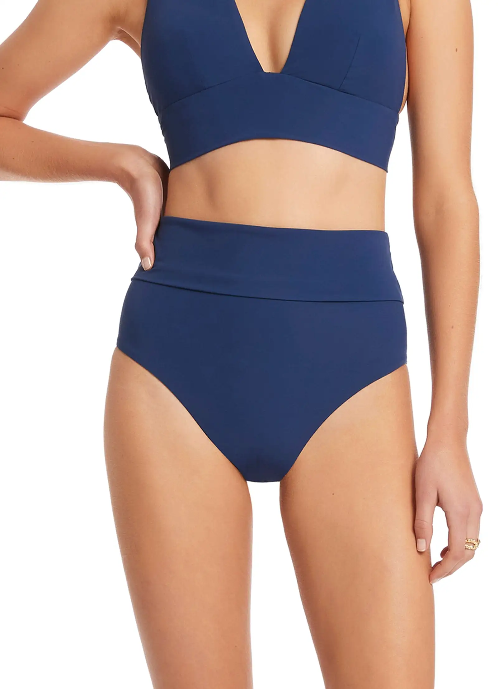 Jetset Fold Down High Waisted Bikini Bottom - Pacific Blue