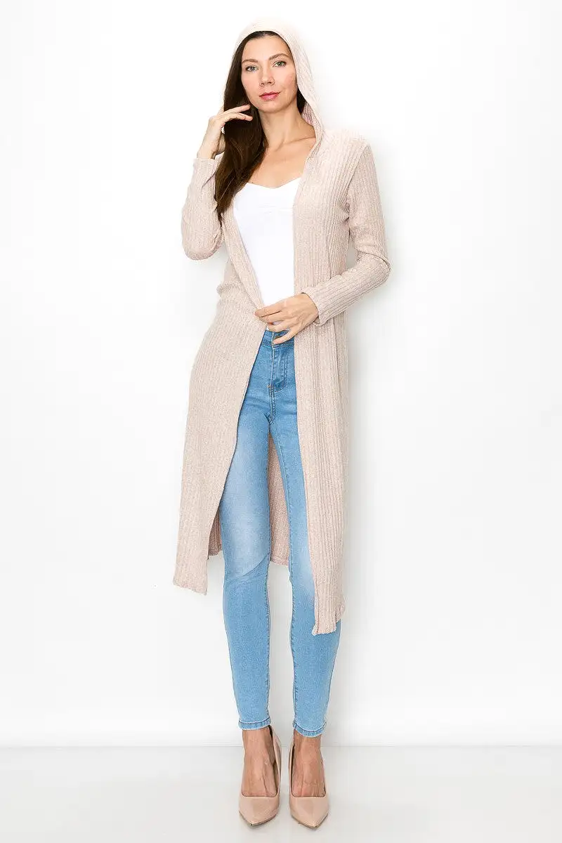 Long Sleeve Hooded Light Cardigan Beige