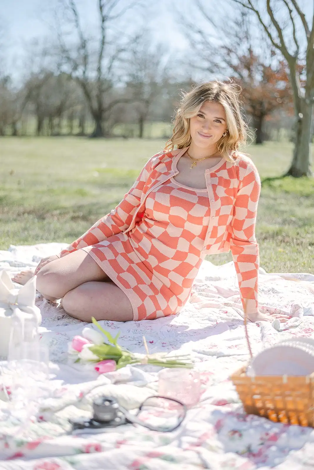 Peach Checkerboard Set Cardigan