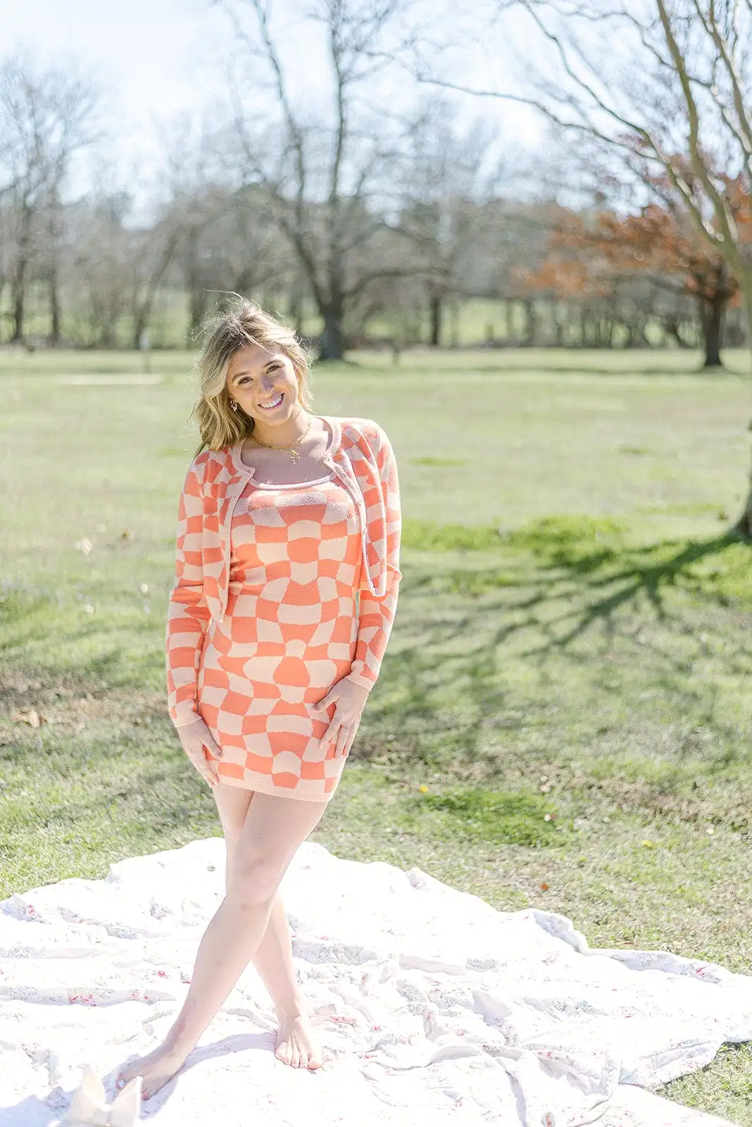 Peach Checkerboard Set Cardigan