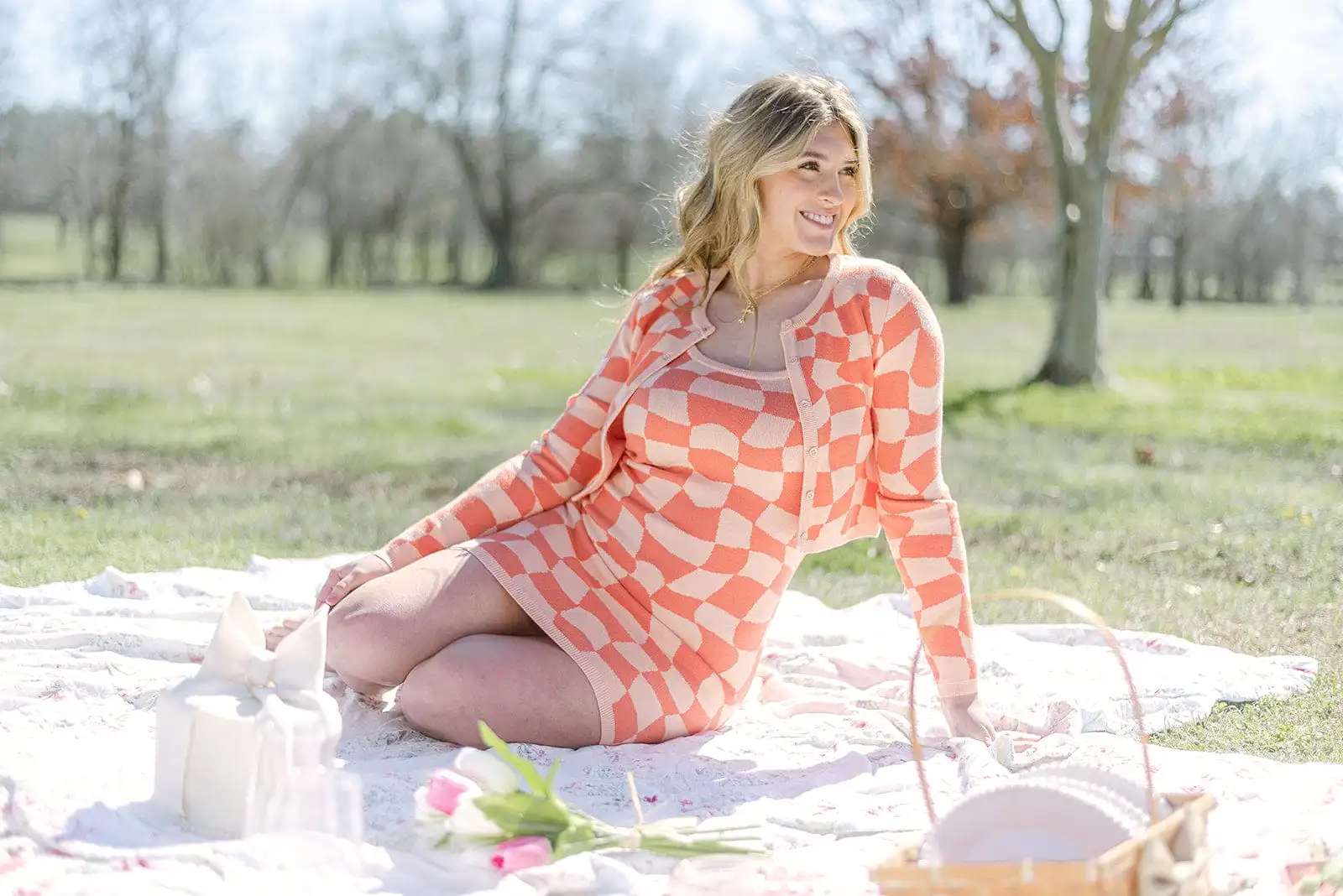 Peach Checkerboard Set Cardigan