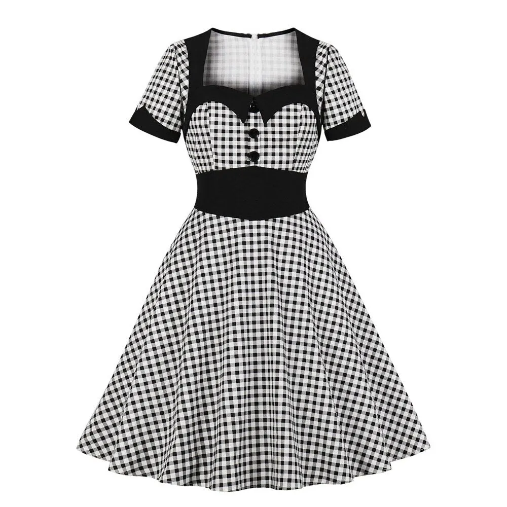 Plaid Vintage Short Sleeve High Waist Robe Pin Up Swing Retro Party Elegant Casual Dresses