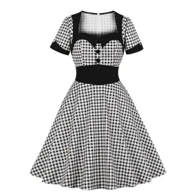 Plaid Vintage Short Sleeve High Waist Robe Pin Up Swing Retro Party Elegant Casual Dresses