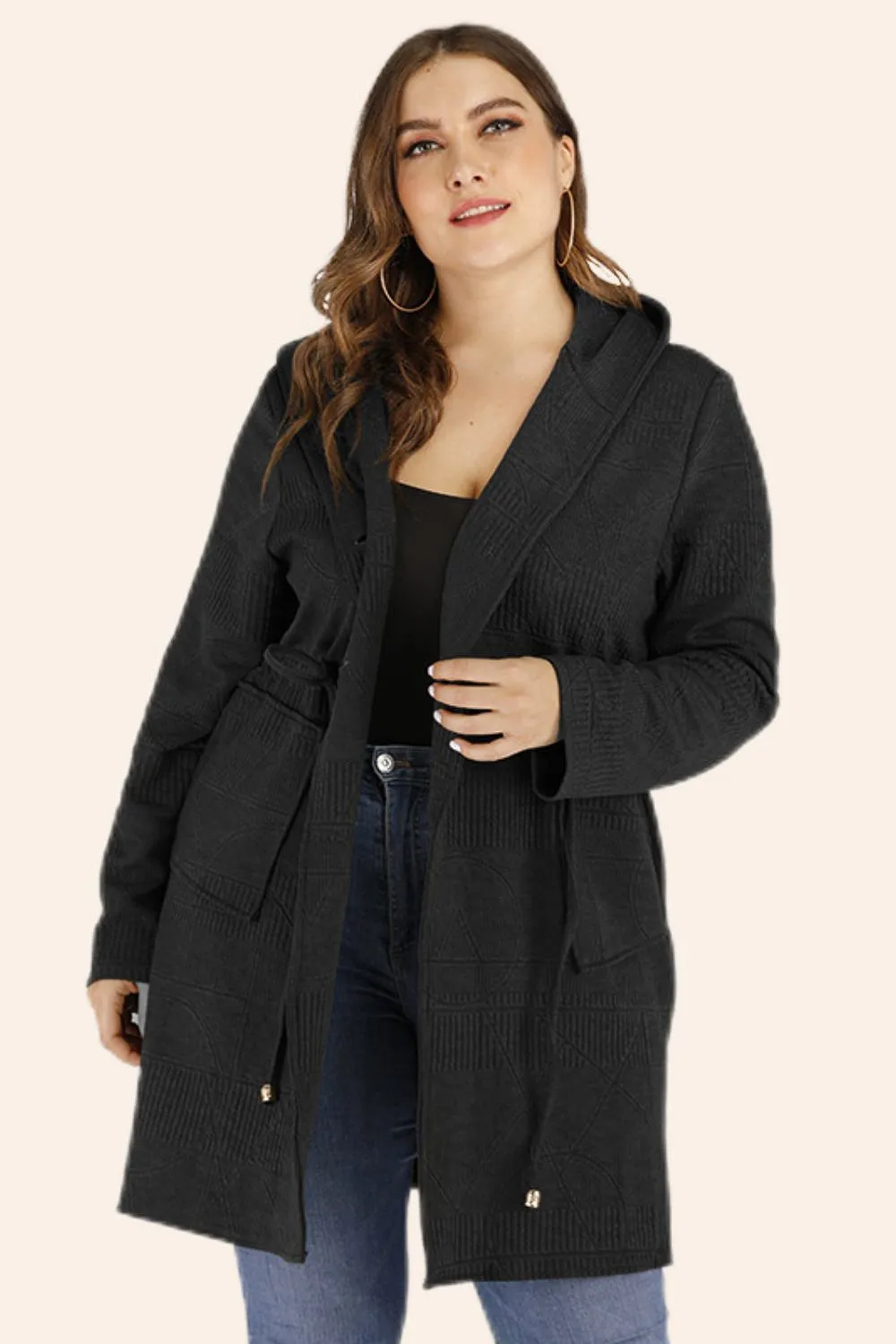 Plus Size Drawstring Waist Hooded Cardigan with Pockets (L÷5XL)