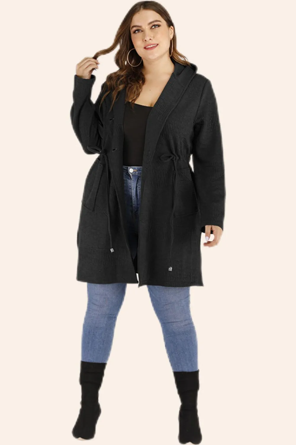 Plus Size Drawstring Waist Hooded Cardigan with Pockets (L÷5XL)