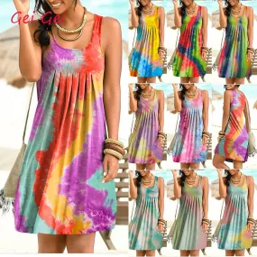 Sexy sleeveless woman dress tie dye print O neck summer dresses for women female loose casual dresses plus size clothing|Dresses