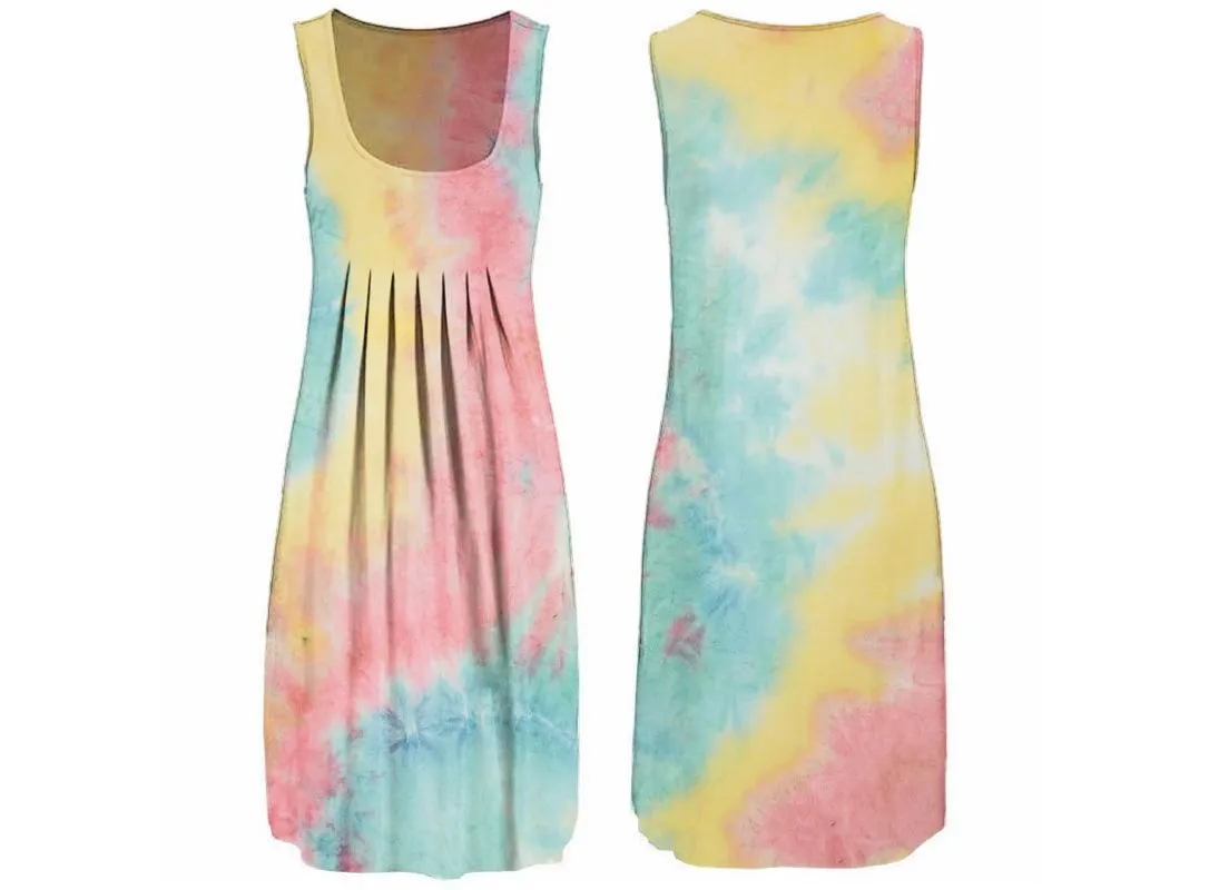 Sexy sleeveless woman dress tie dye print O neck summer dresses for women female loose casual dresses plus size clothing|Dresses